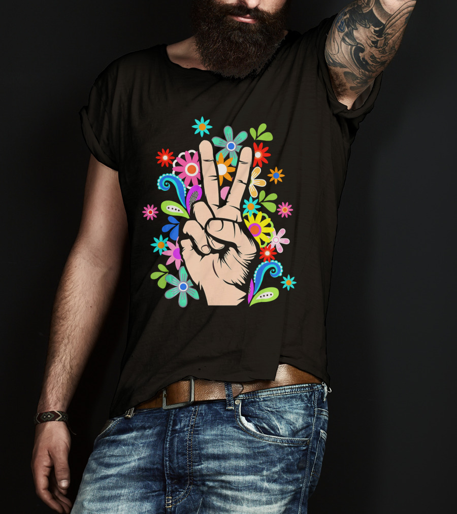 Hippie Cool Hand Peace Sign Surrounded By Colorful Flowers T-Shirt