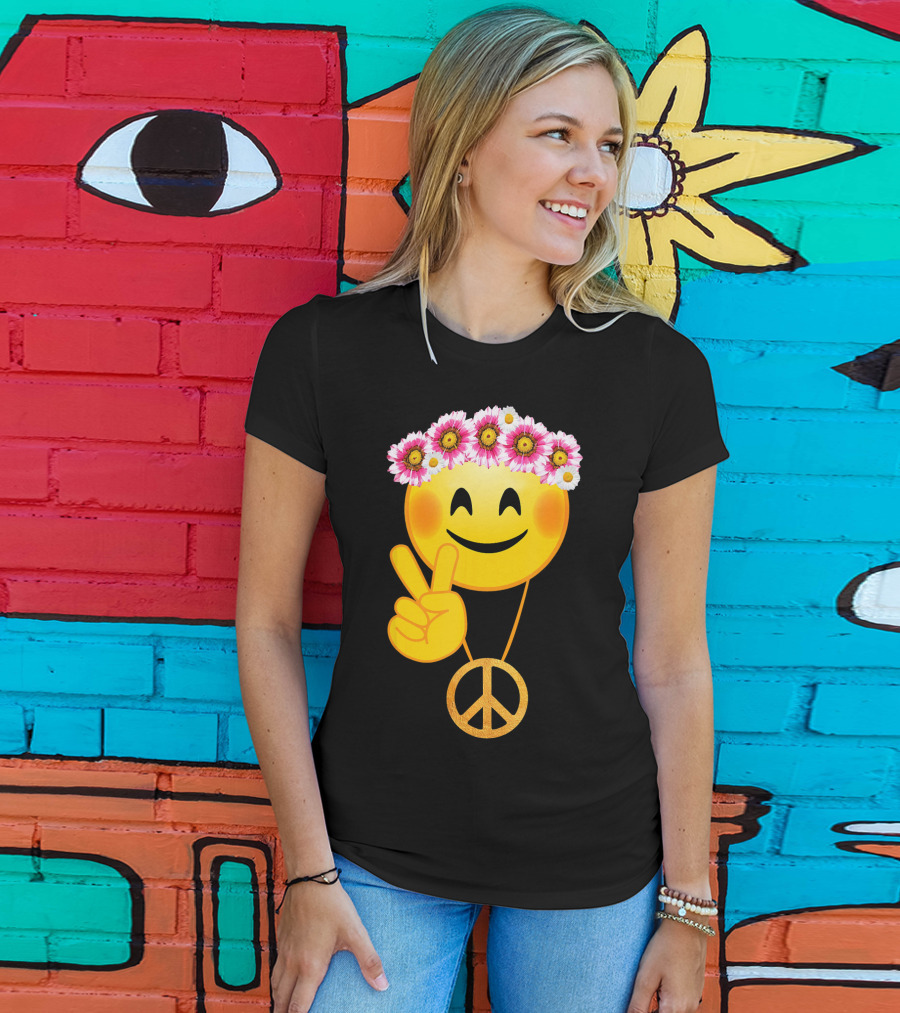 Peace Sign Smiley Face Flower Crown Hippie Necklace T-Shirt