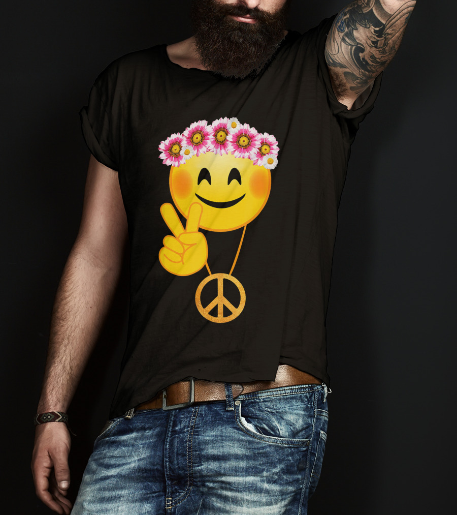 Peace Sign Smiley Face Flower Crown Hippie Necklace T-Shirt