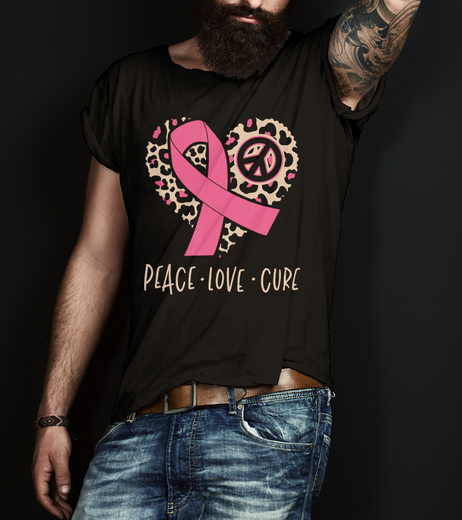Peace Love Cure Pink Ribbon Leopard Breast Cancer Awareness T-Shirt