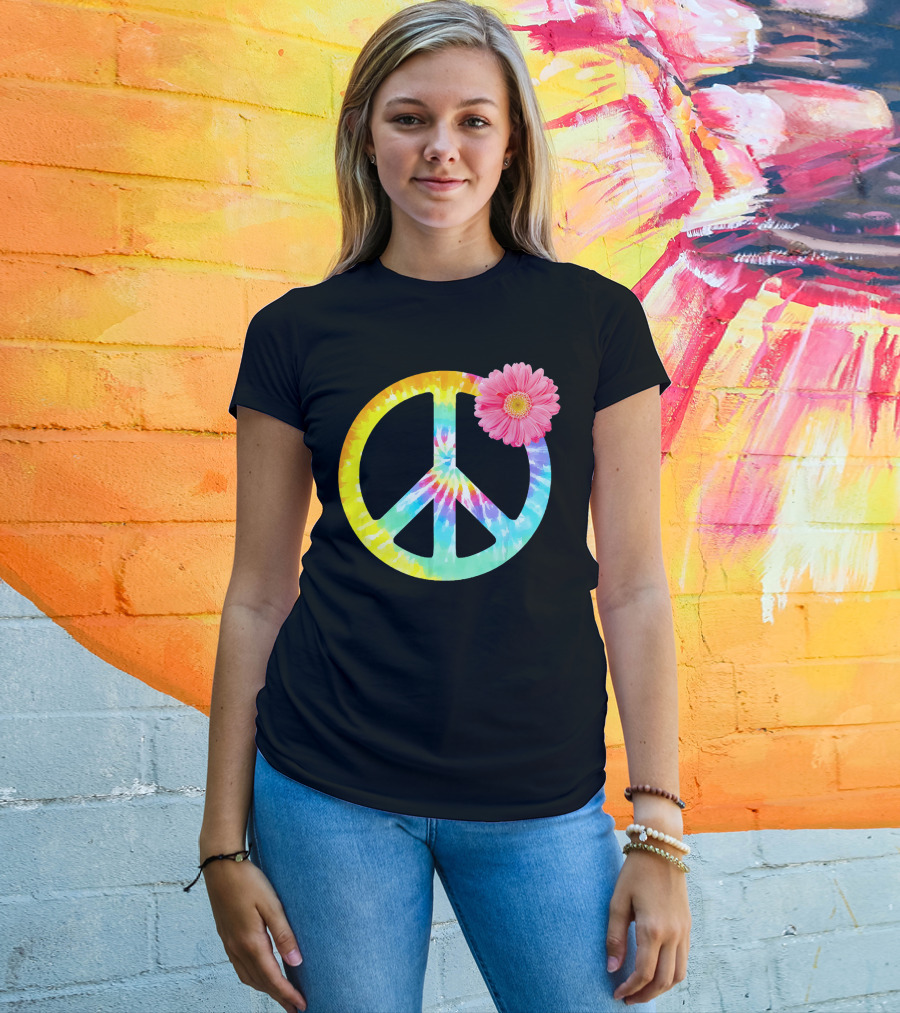 Boho Tie Dye Peace Sign With Pink Flower T-Shirt