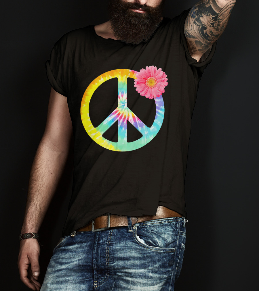 Boho Tie Dye Peace Sign With Pink Flower T-Shirt