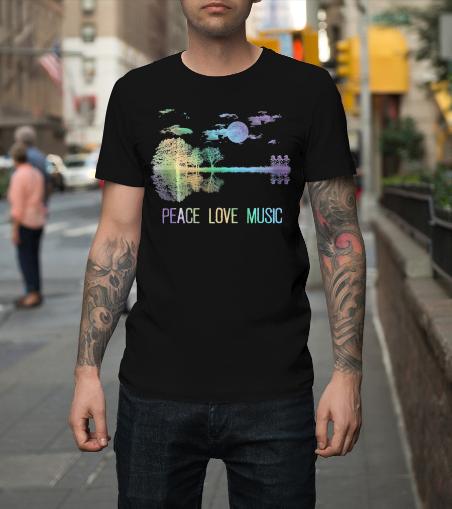 Peace Love Music Guitar Moon Lake Shadow Hippie T-Shirt