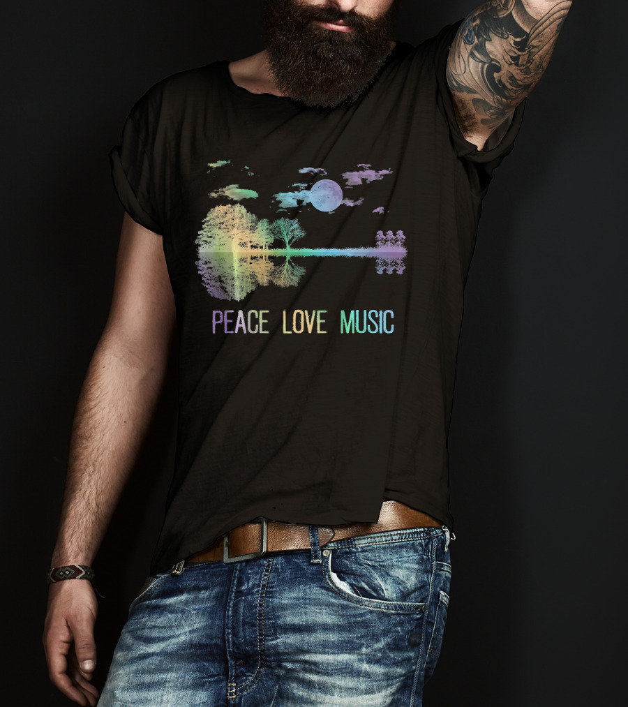 Peace Love Music Guitar Moon Lake Shadow Hippie T-Shirt