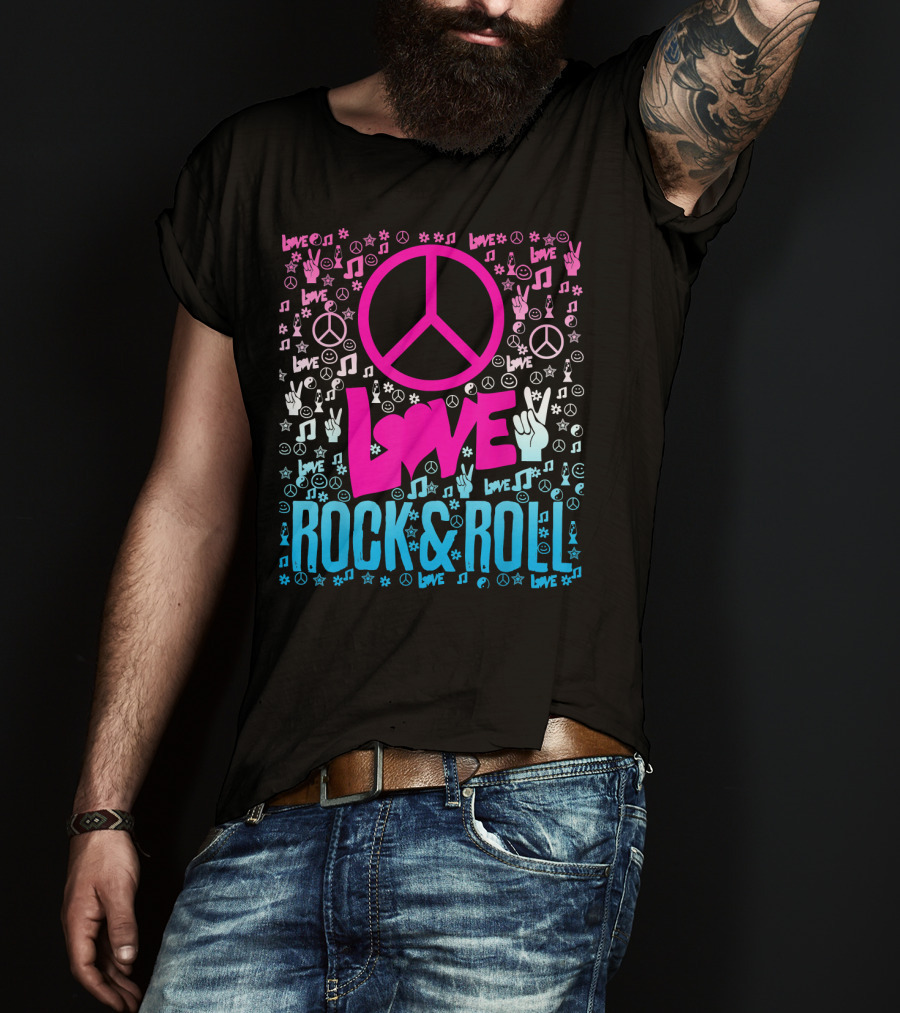Peace Love Rock And Roll Music Icons And Hippie Symbols T-Shirt