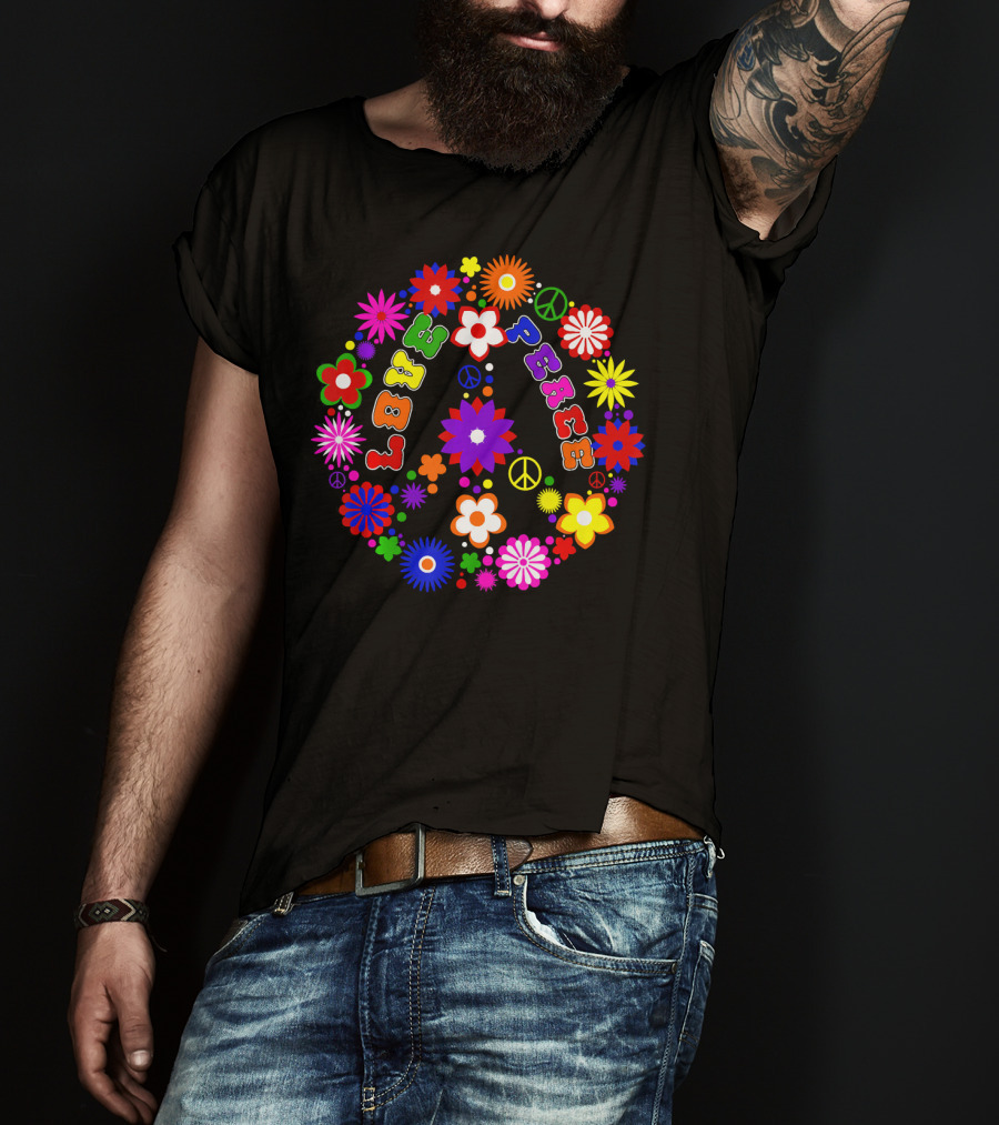 Love Peace Sign Retro Flowers Hippie Col Colorful Groovy T-Shirt