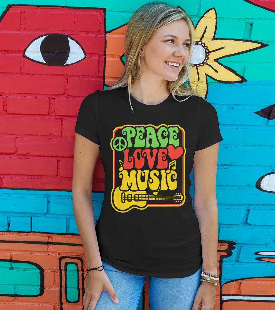 PEACE LOVE MUSIC Rock And Roll Reggae Guitar T-Shirt