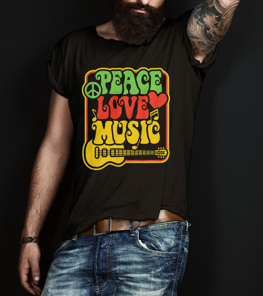 PEACE LOVE MUSIC Rock And Roll Reggae Guitar T-Shirt