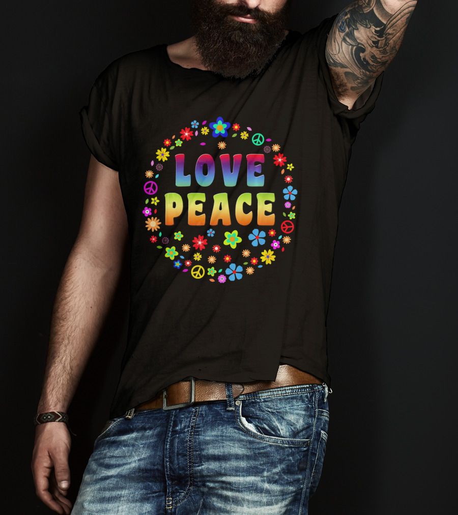 Love Peace 70s Hippie Cost Flowers Peace Signs T-Shirt