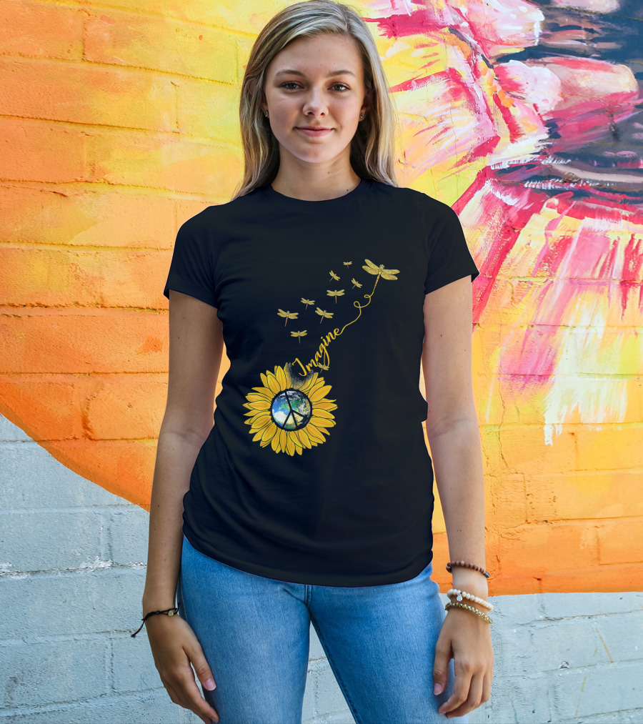 Imagine Peace Earth Sunflower Dragonflies T-Shirt