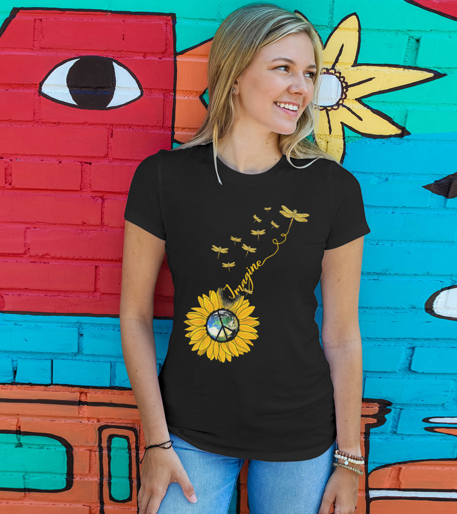 Imagine Peace Earth Sunflower Dragonflies T-Shirt