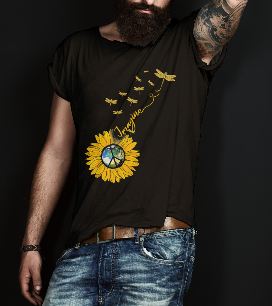 Imagine Peace Earth Sunflower Dragonflies T-Shirt