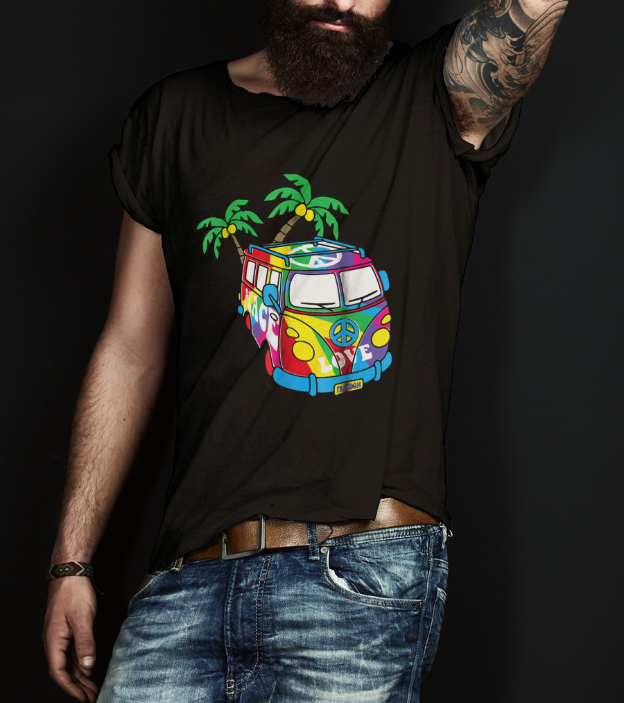 Peace Love Symbol Groovy Retro 60s Hippie Van Palm Trees Psychedelic T-Shirt