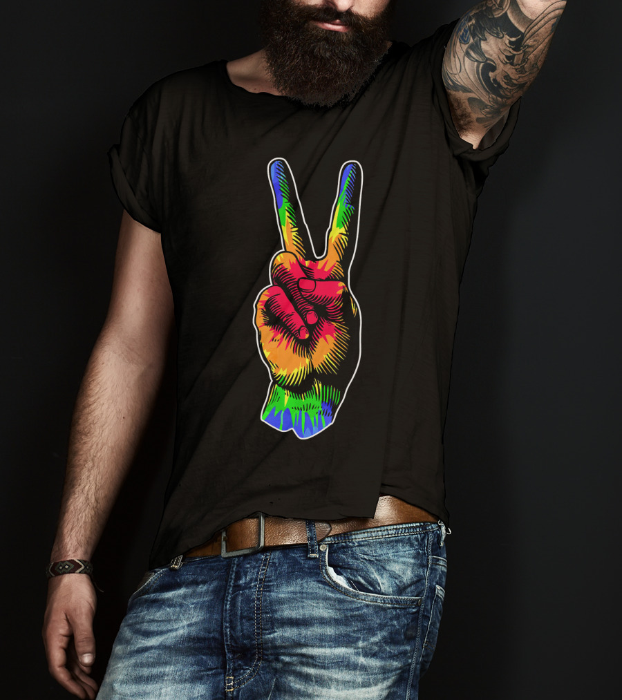 Tye Dye Peace Sign Rainbow Hand Gesture T-Shirt