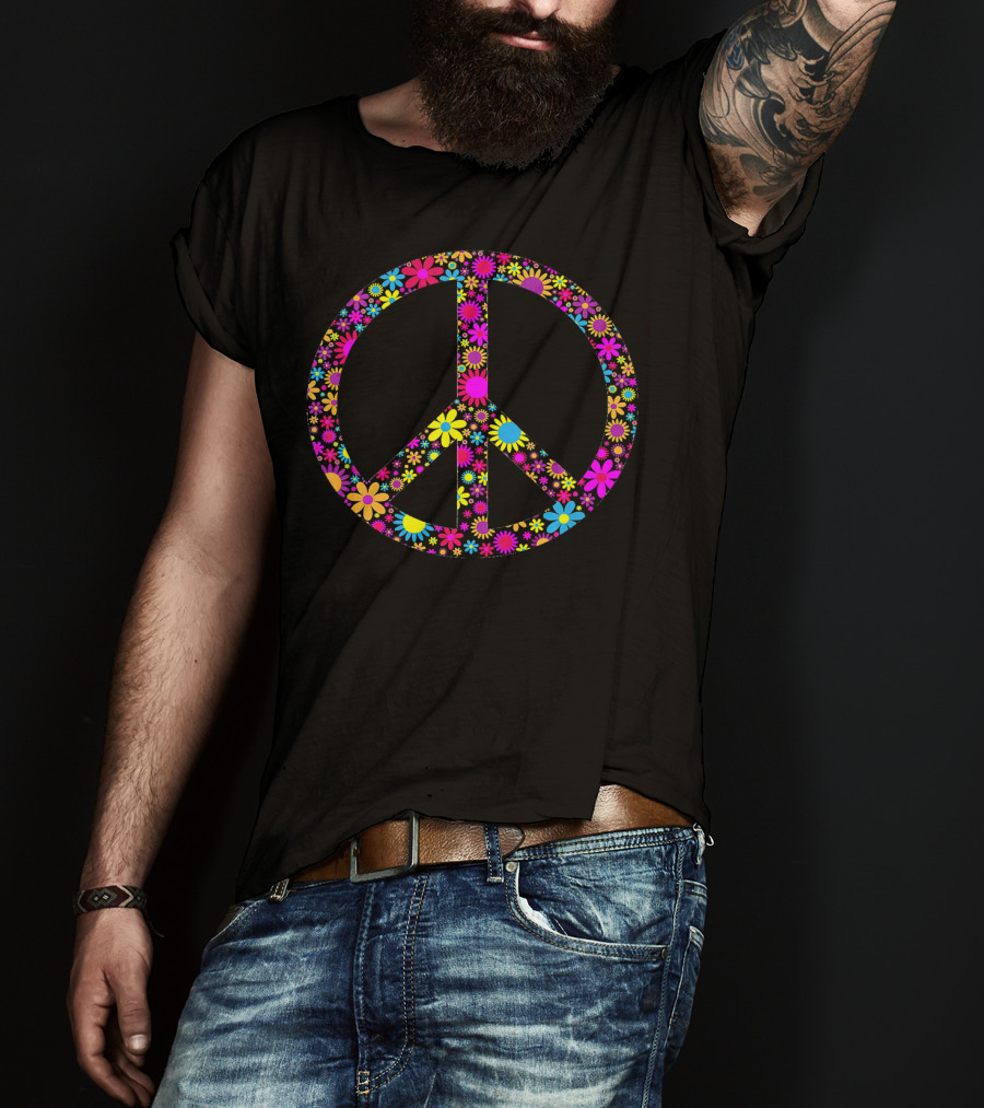 Vintage Floral Peace Sign Colorful Hippie Flowers T-Shirt