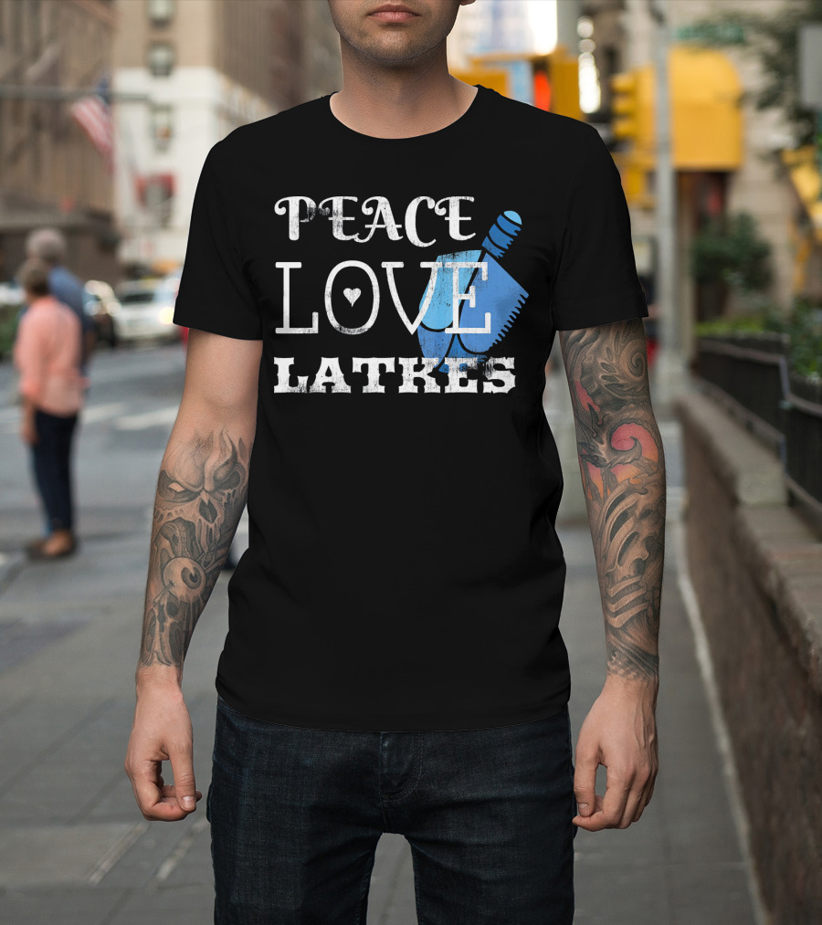 Peace Love Latkes Blue Dreidel T-Shirt