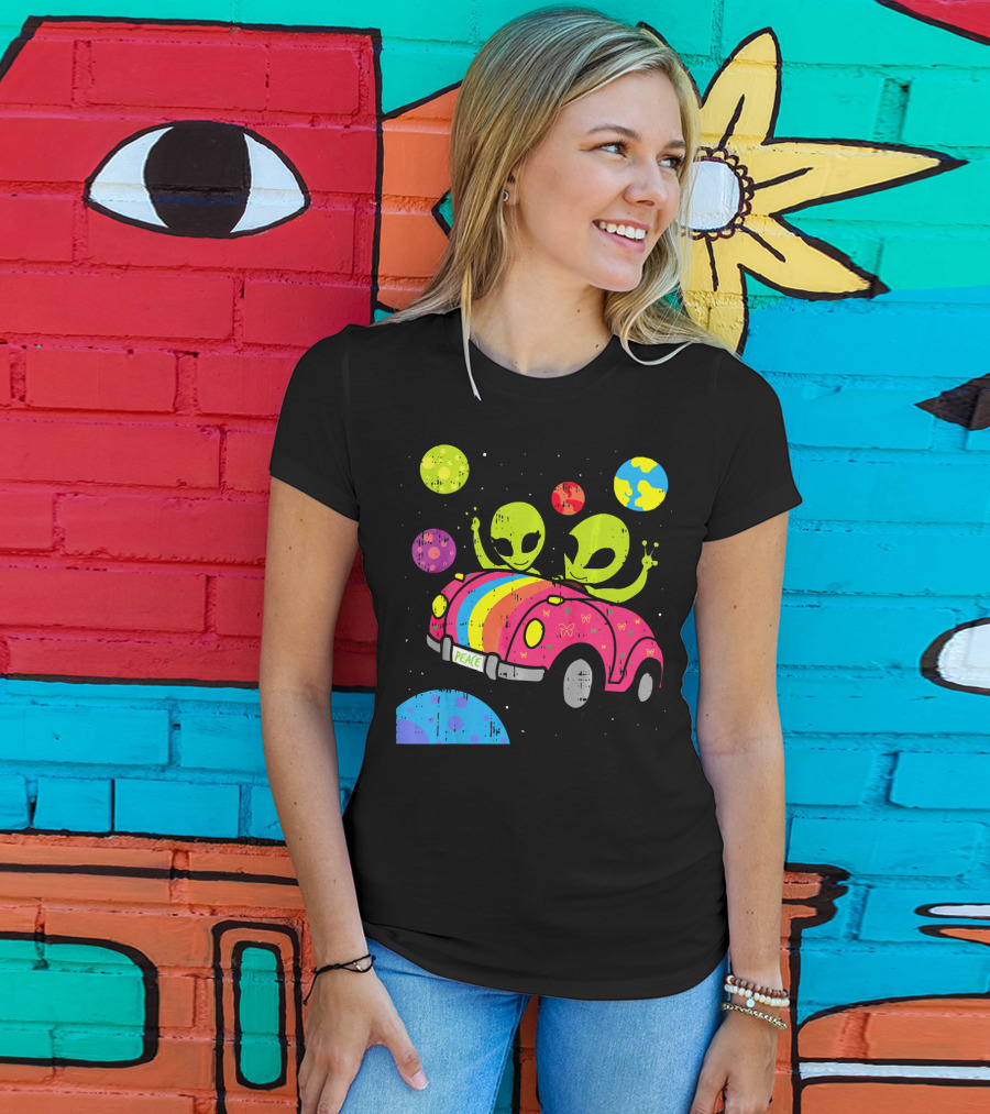 Hippie Alien Space Roadtrip With Peaceful Car And Colorful Planets T-Shirt
