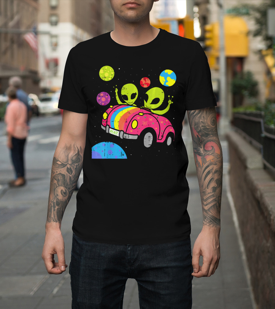 Hippie Alien Space Roadtrip With Peaceful Car And Colorful Planets T-Shirt