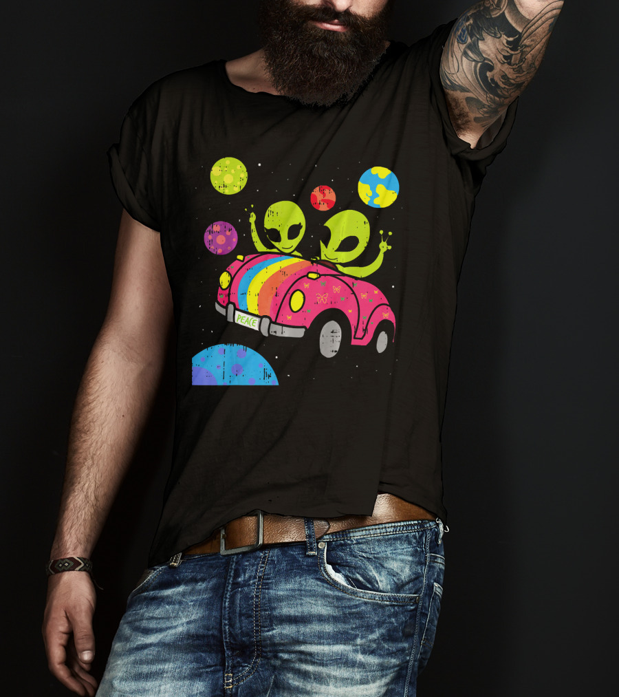 Hippie Alien Space Roadtrip With Peaceful Car And Colorful Planets T-Shirt