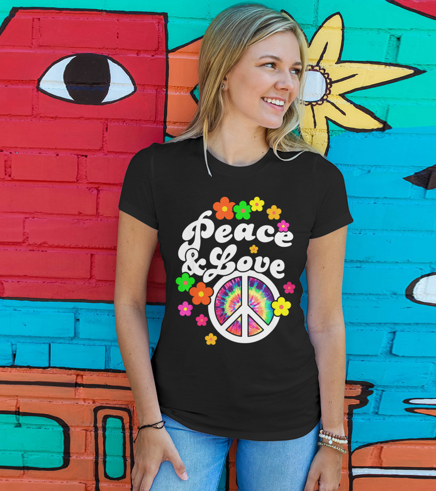 Peace Love Tie Dye Peace Sign With Colorful Flowers T-Shirt