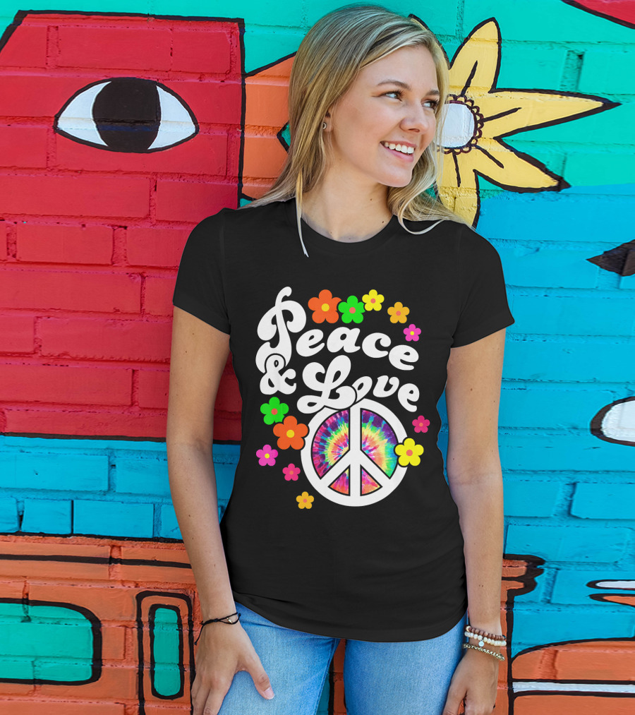 Peace And Love Hippie Sign With Colorful Flower T-Shirt