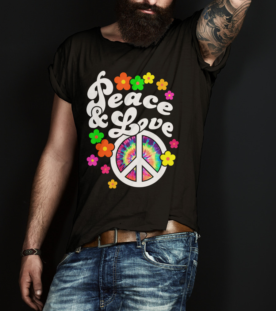Peace And Love Hippie Sign With Colorful Flower T-Shirt
