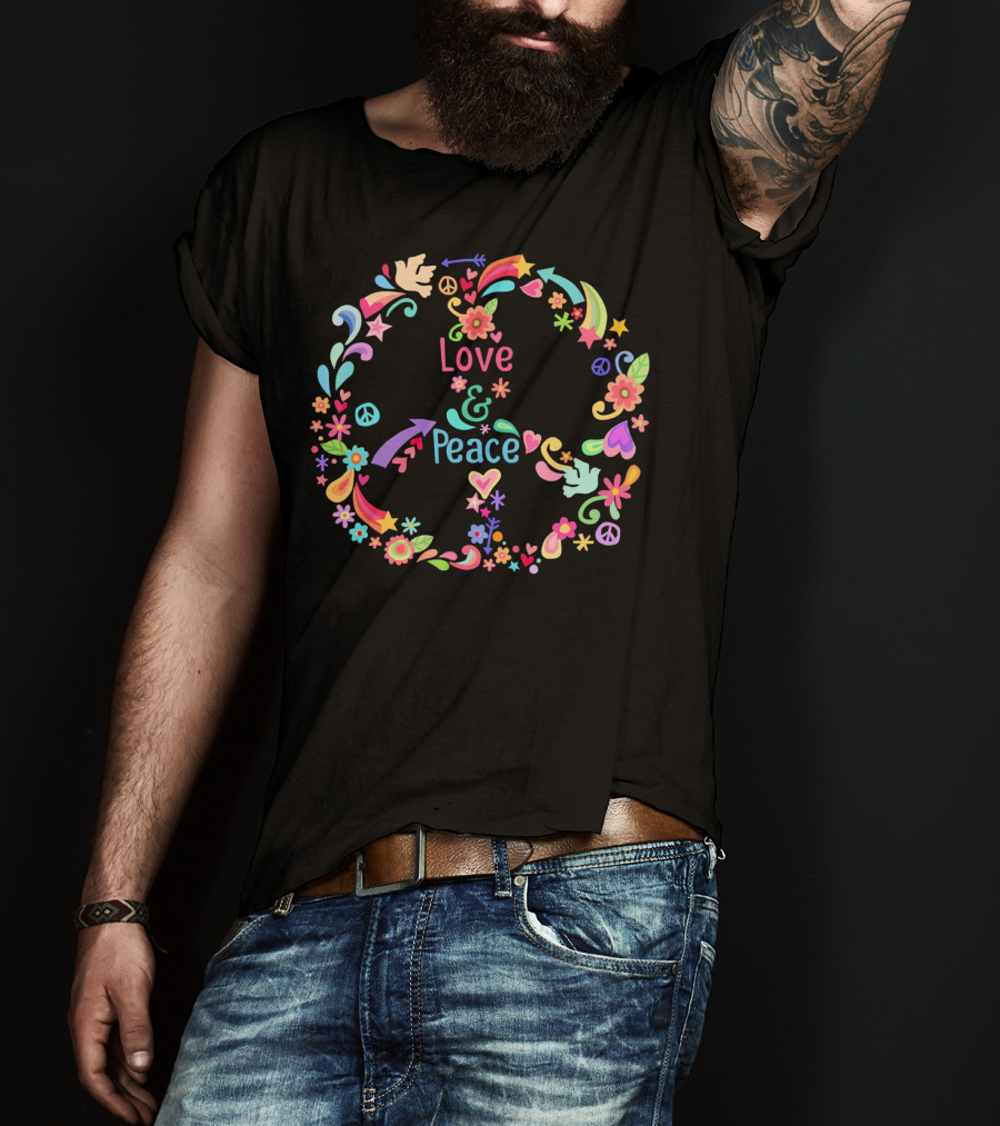 Love And Peace Hippie 60s 70s Floral T-Shirt