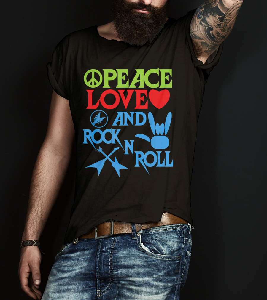 Peace Love Heart And Rock N Roll Peace Sign Guitar Hand Gesture T-Shirt