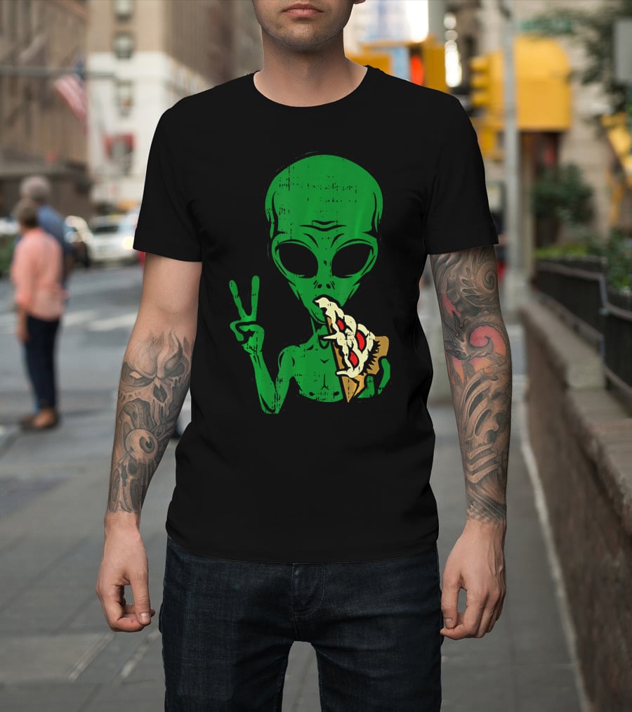 Alien Pizza Eating Peace Funny Space Are T-Shirt