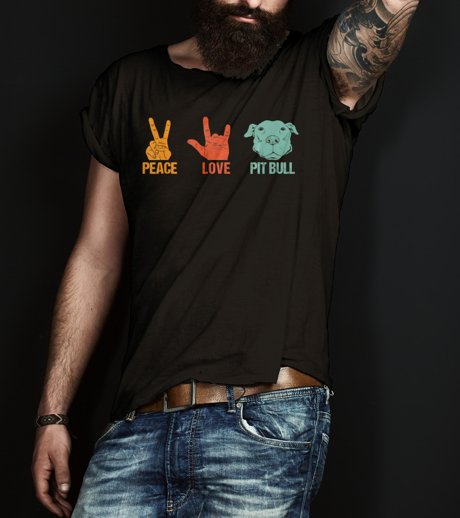 Peace Love Pit Bull Vintage Hand Signs Dog T-Shirt