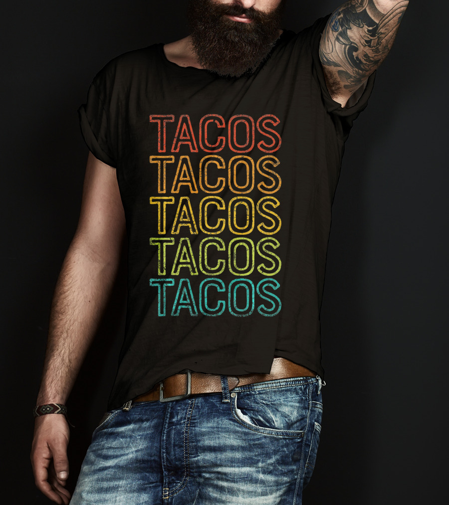 Retro Tacos Vintage Multi-Color Text T-Shirt