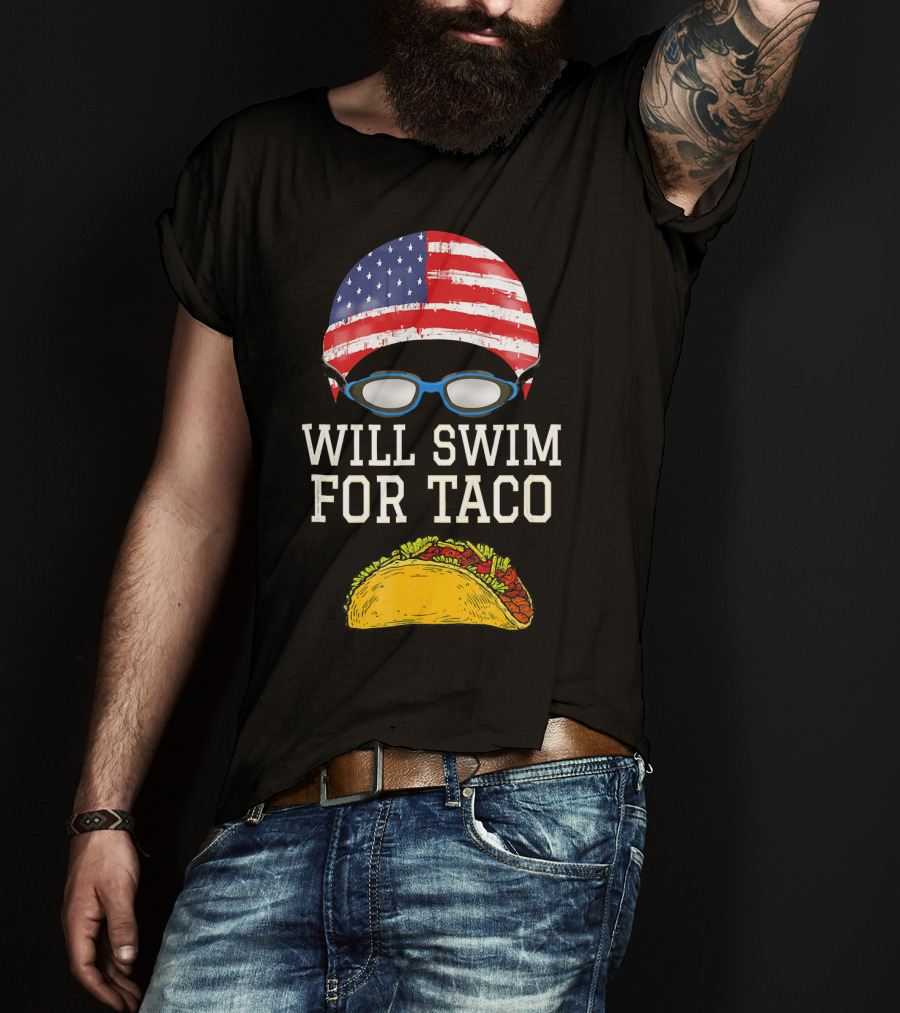Will Swim For Taco Funny Swimming Goggles American Flag Cap T-Shirt
