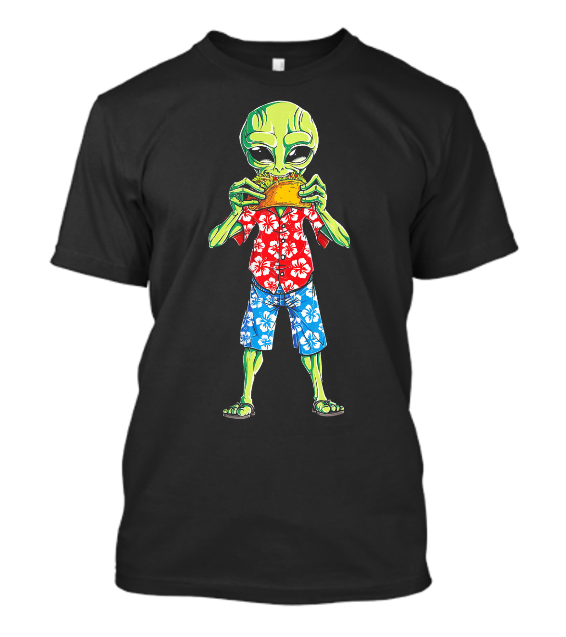 Alien Eating Taco In Hawaiian Shirt 70s California Retro T-Shirt