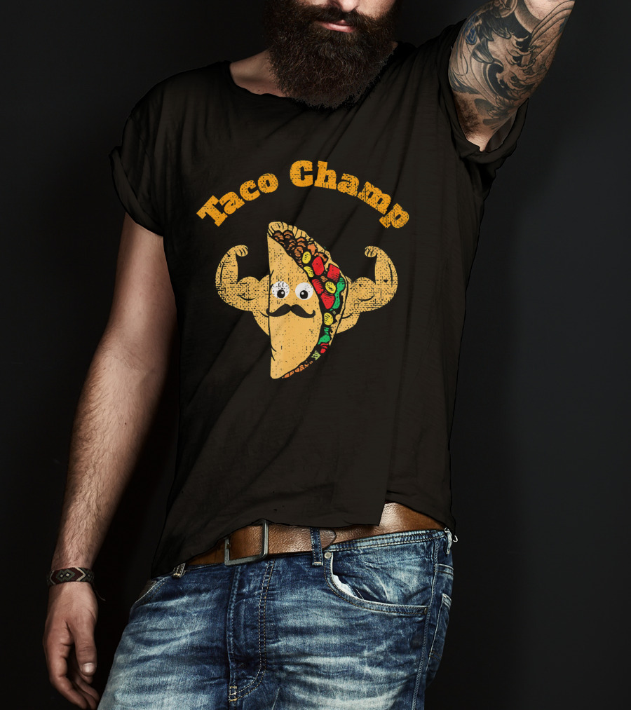 Taco Champ Flexing Strong Mustache Taco Emoji T-Shirt
