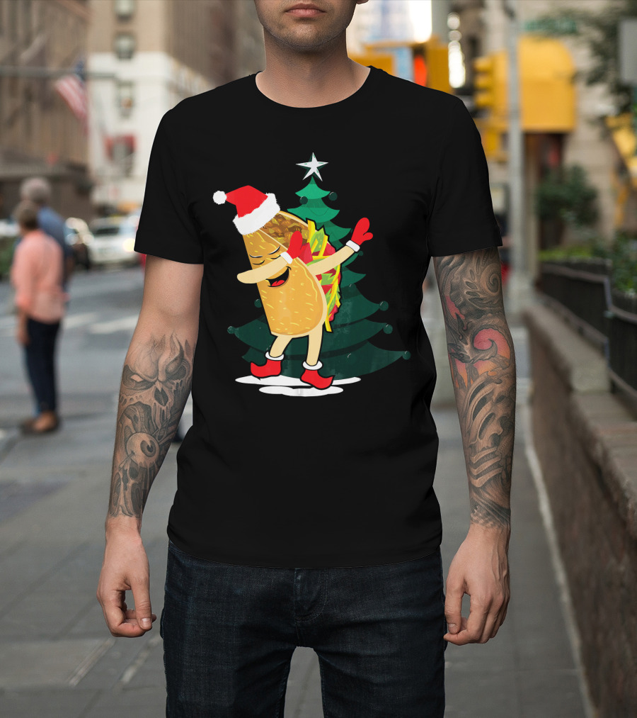 Dabbing Taco Christmas Santa Hat And Tree T-Shirt
