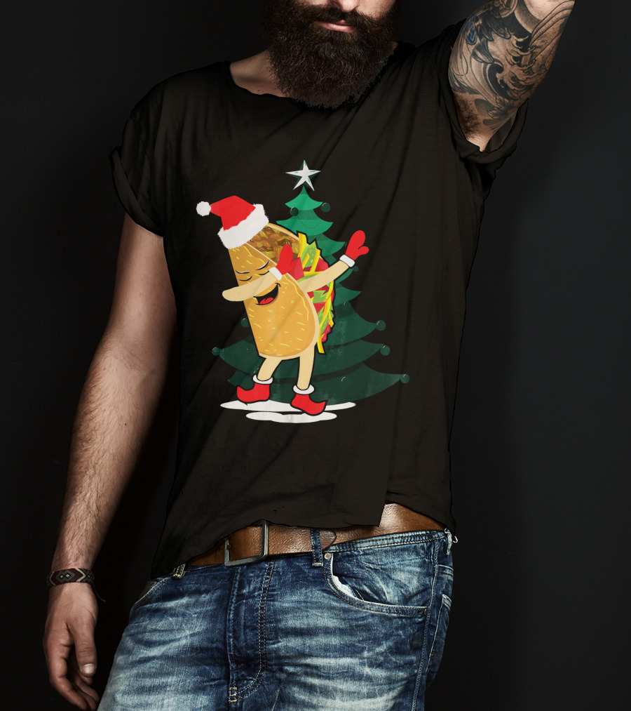 Dabbing Taco Christmas Santa Hat And Tree T-Shirt