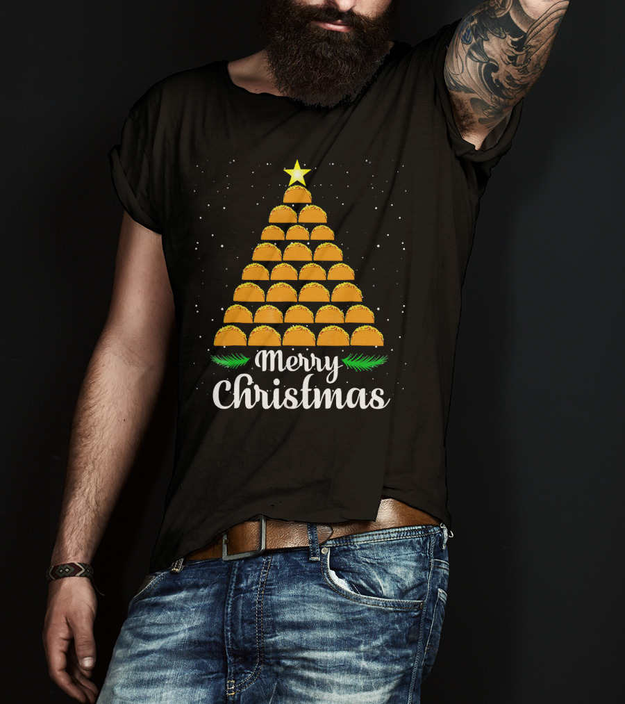 Merry Christmas Taco Tree With Star And Snowflakes T-Shirt