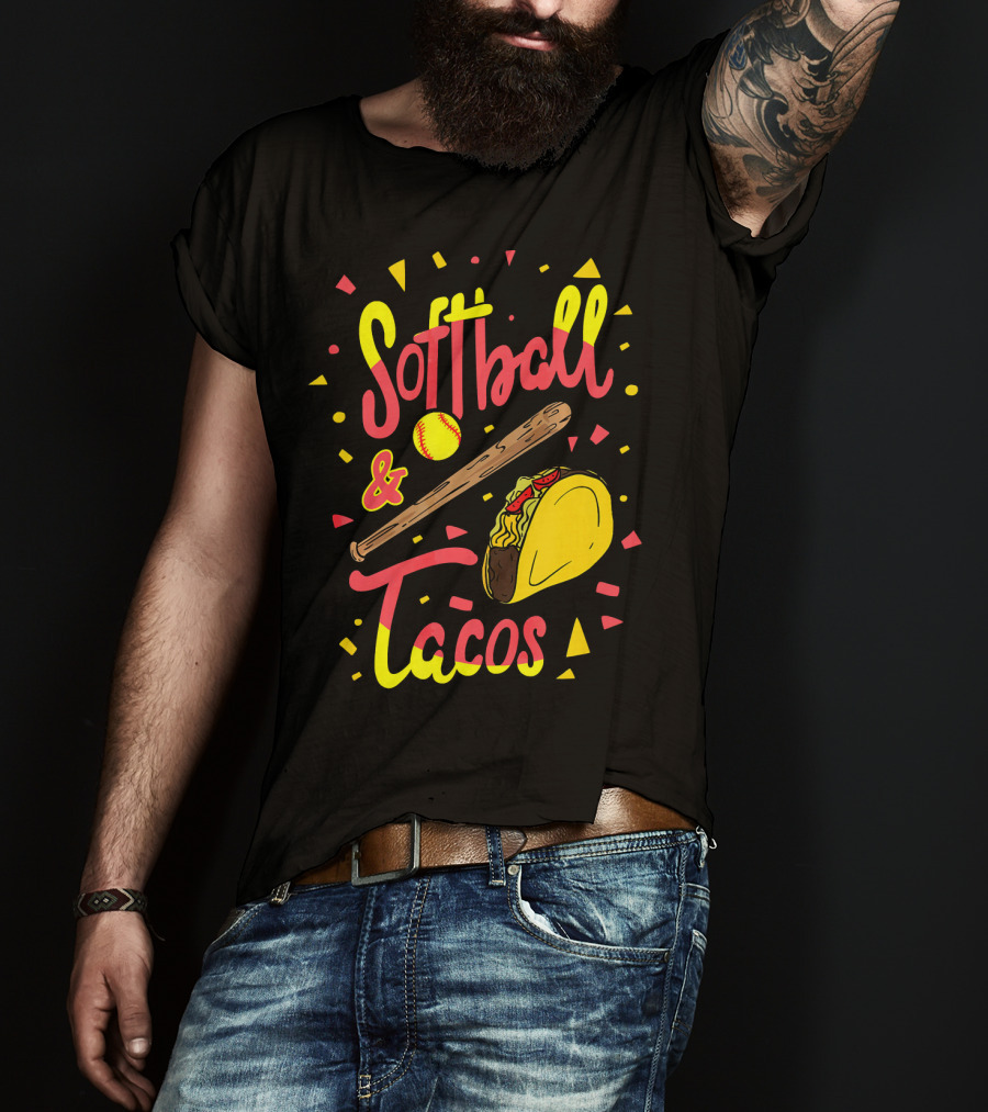 Softball And Tacos Funny Taco And Mexican Softball Bat And Ball Icons T-Shirt