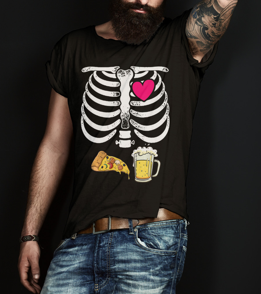 Skeleton Heart Pizza And Beer Xray T-Shirt