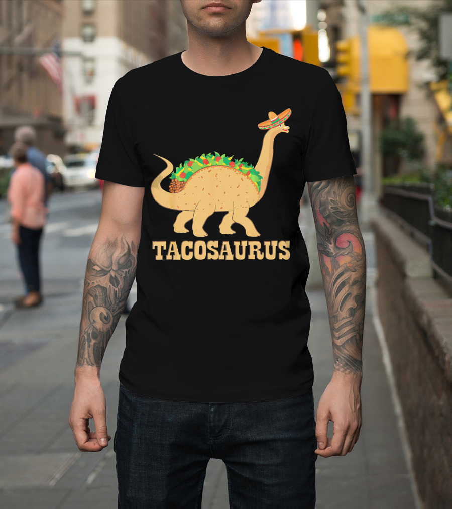 Tacosaurus Sombrero Wearing Dinosaur with Mexican Food Elements T-Shirt