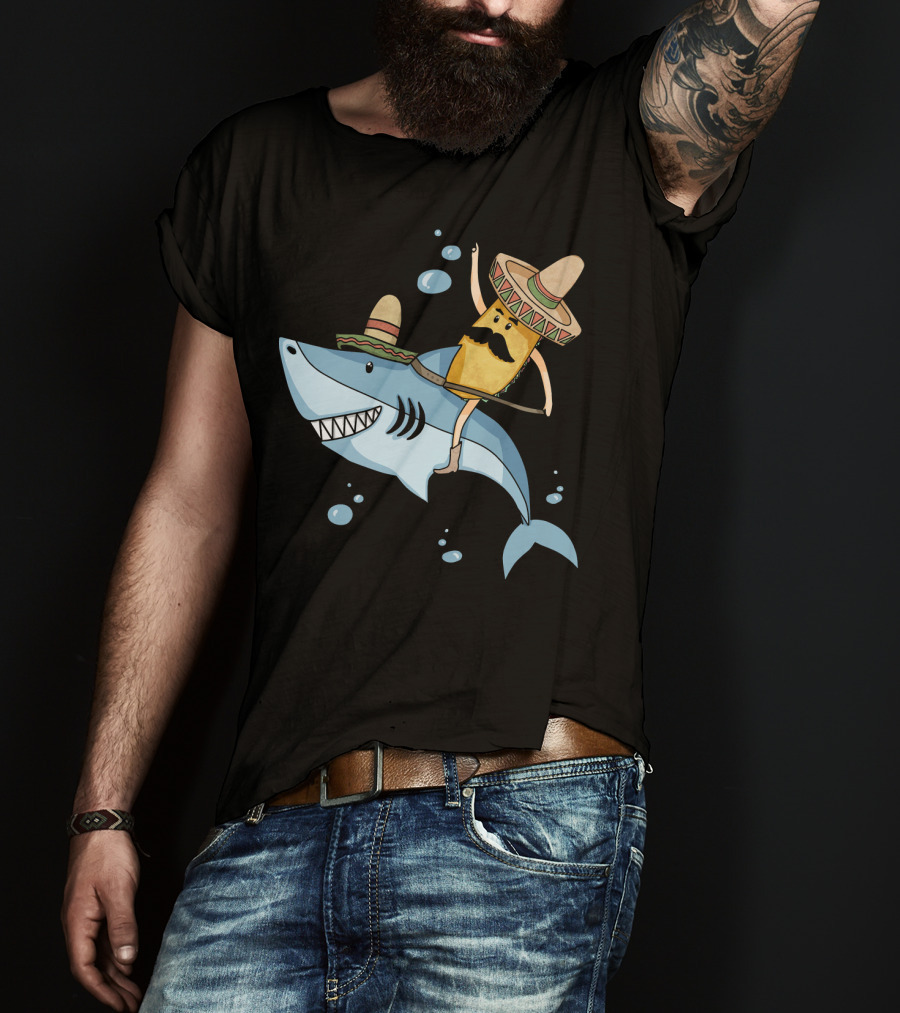 Taco Guy Riding Sombrero Shark Funny Mexican Style Long T-Shirt