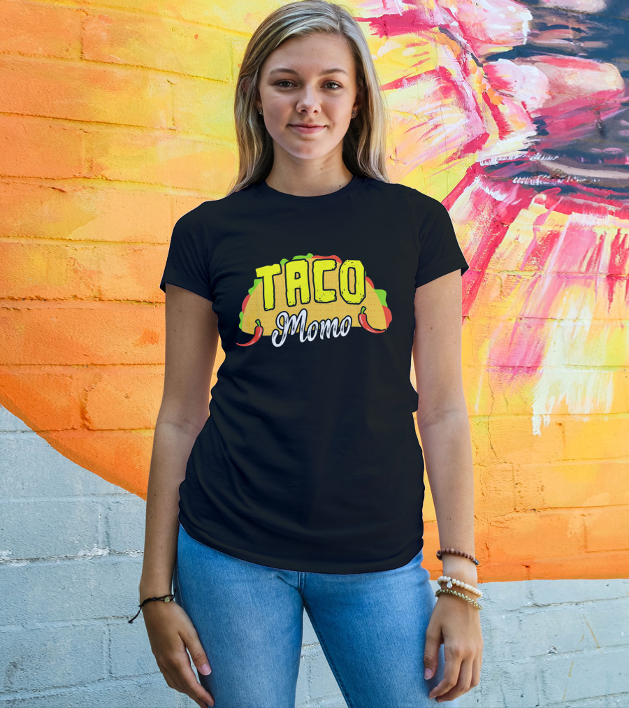 Taco Momo Grandma Mexican Food Fiesta Colorful Taco And Chili Peppers T-Shirt
