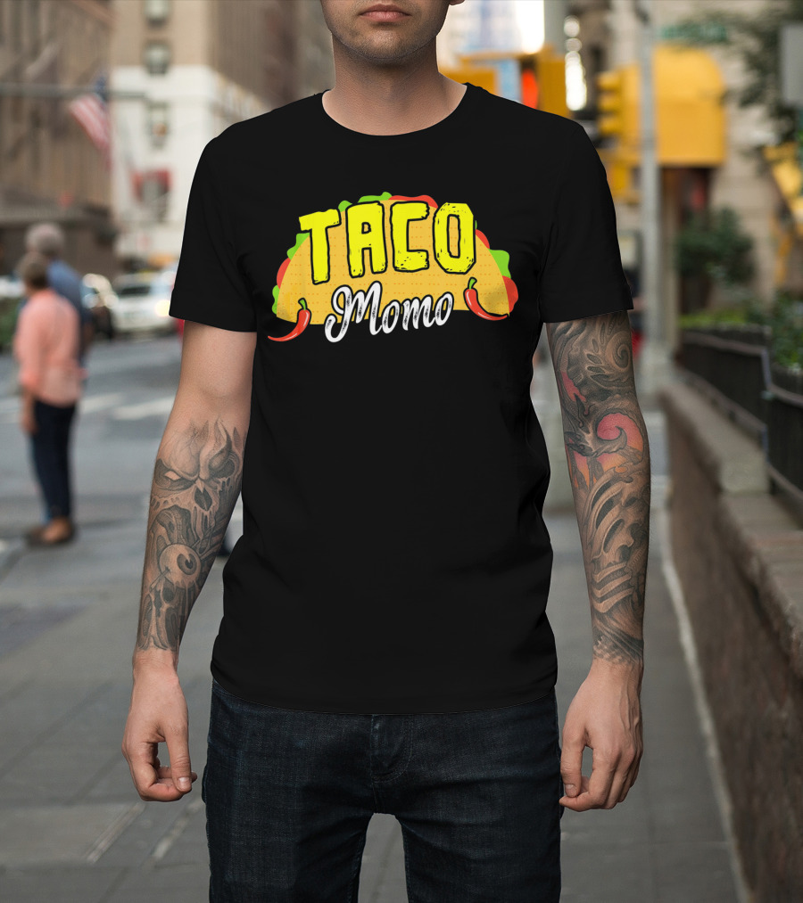 Taco Momo Grandma Mexican Food Fiesta Colorful Taco And Chili Peppers T-Shirt