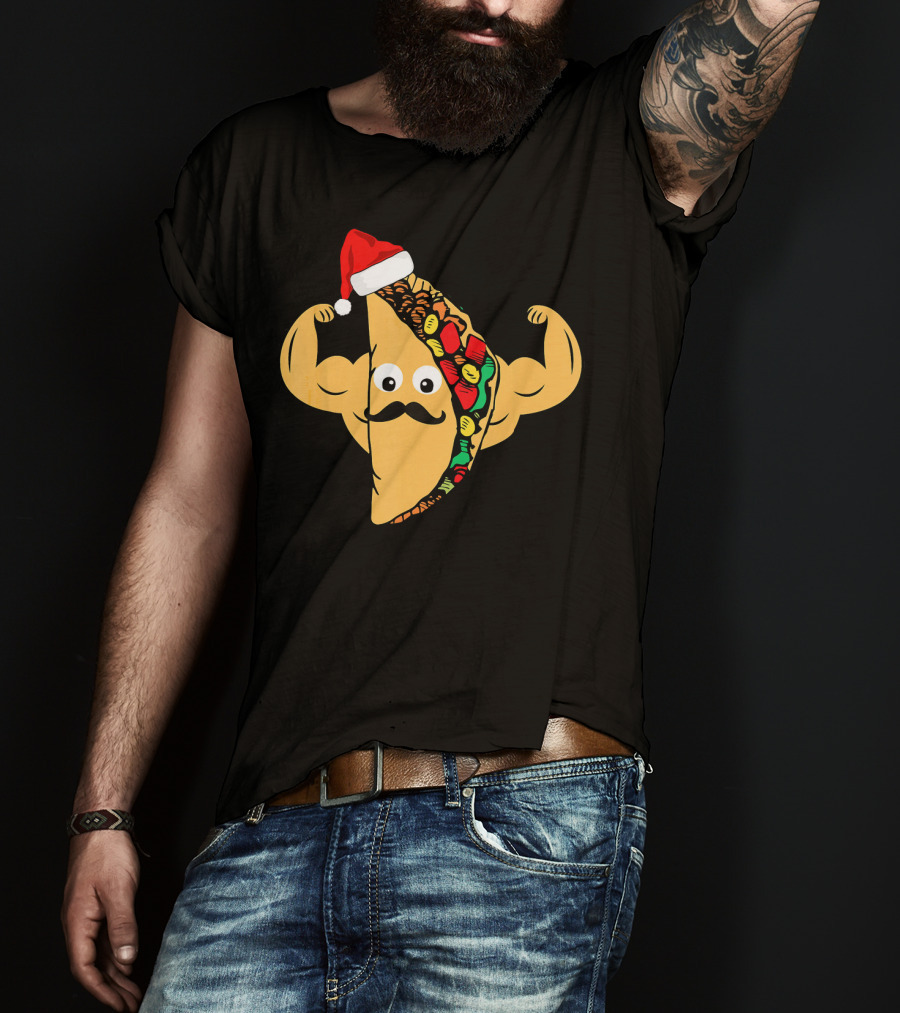 Funny Taco With Santa Hat And Mustache Flexing Muscles Family T-Shirt