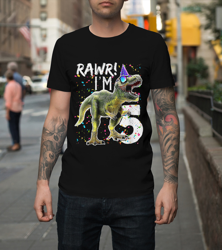Rawr I'm 5 Dinosaur Birthday Party Hat Confetti T-Shirt