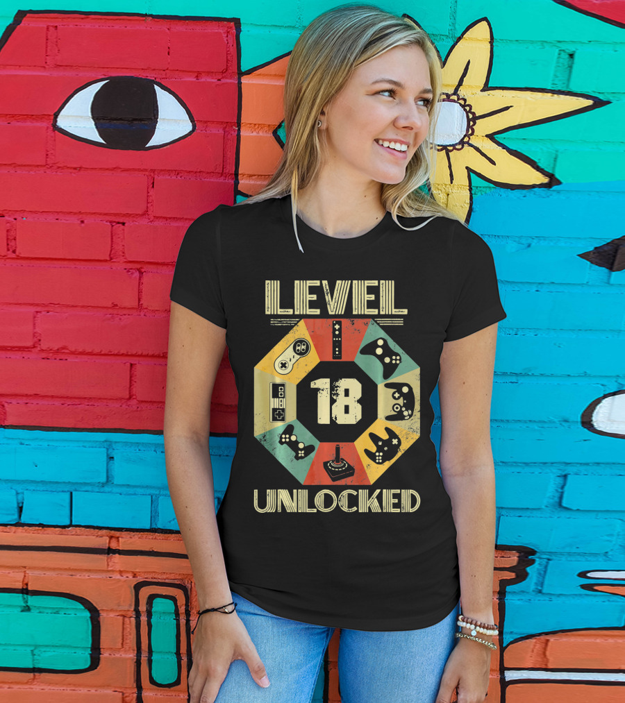 Level 18 Unlocked Video Game Controllers Retro T-Shirt