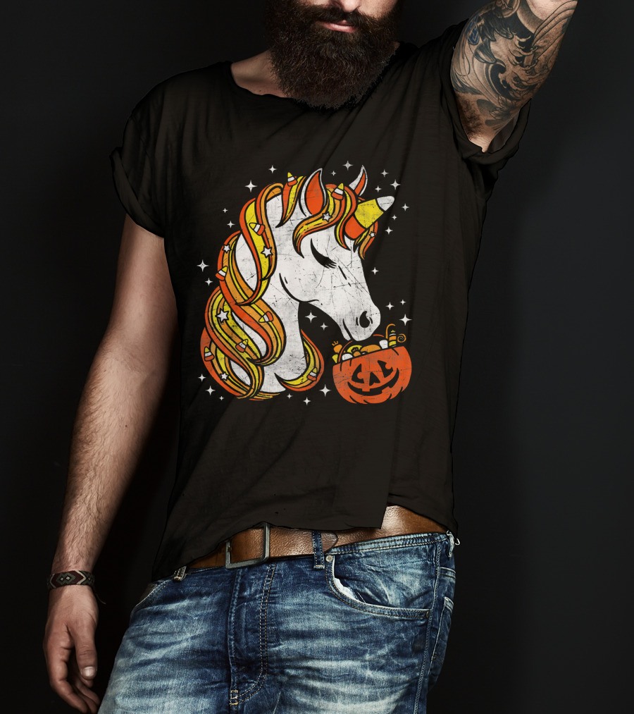Candy Corn Unicorn With Jack-O'-Lantern Stars Halloween Top T-Shirt