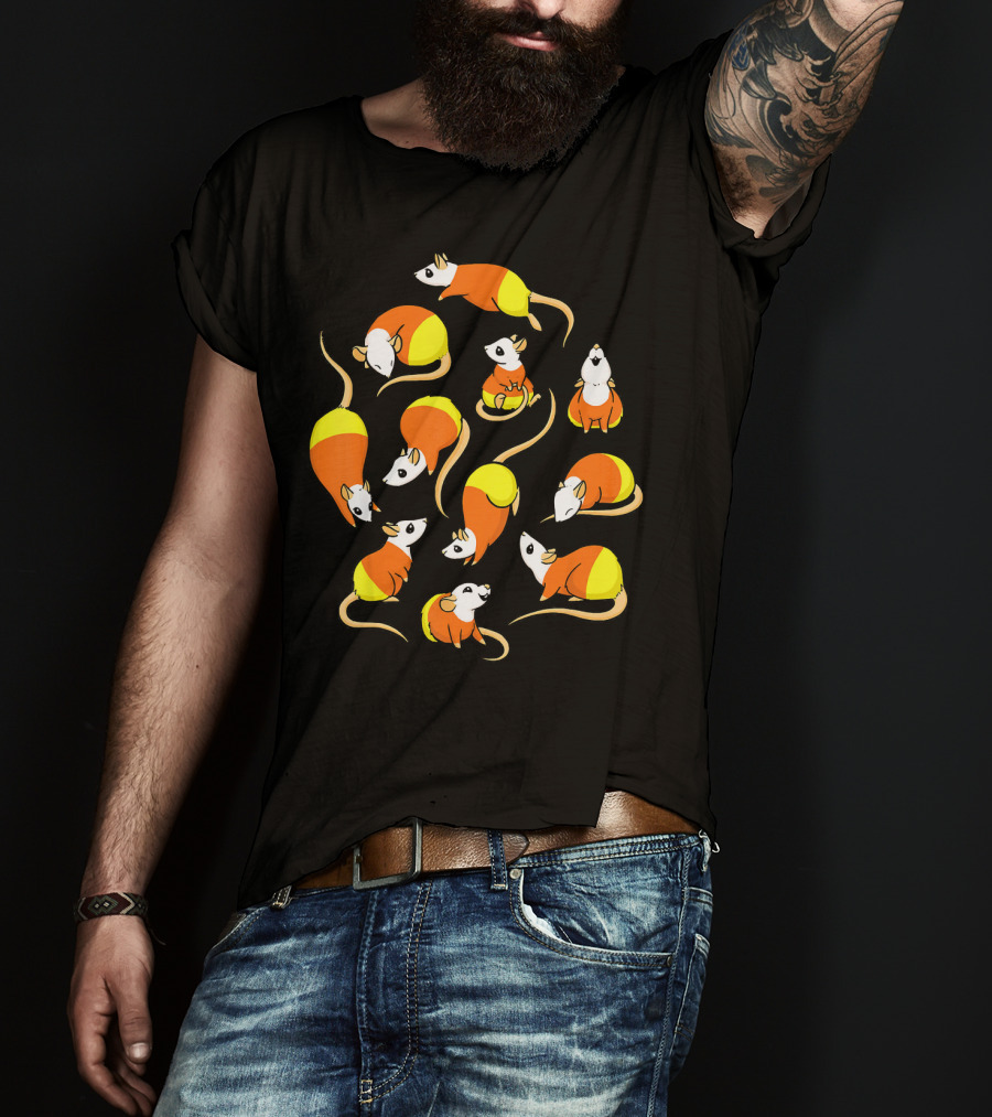 Candy Corn Rats Pattern Halloween-Themed T-Shirt