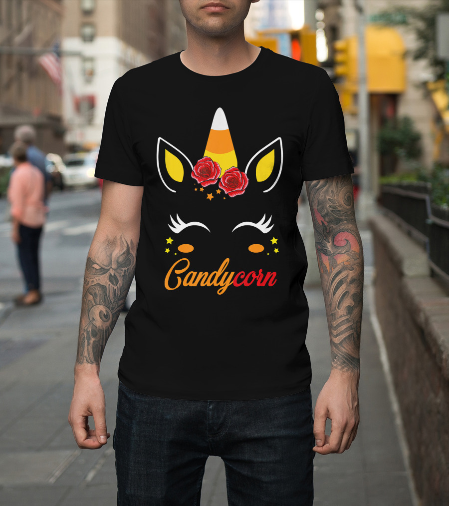 Candycorn Unicorn with Roses and Stars T-Shirt