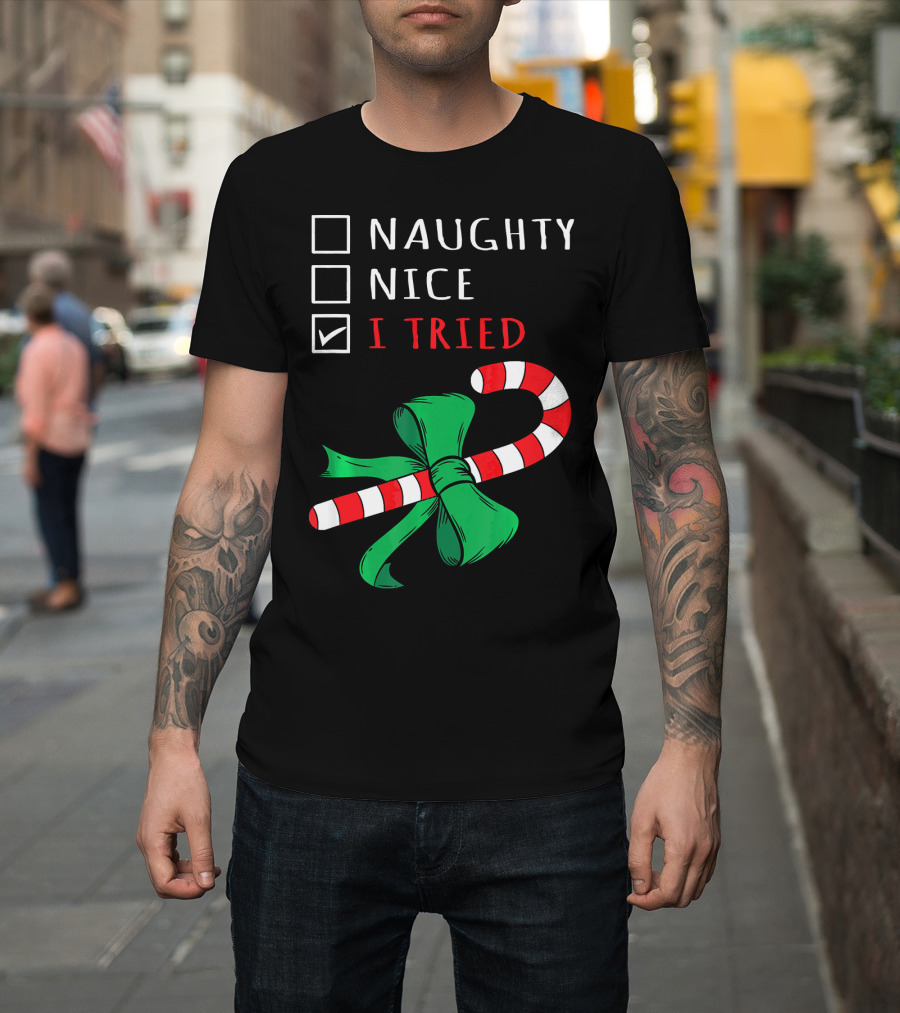 Naughty Nice I Tried Candy Cane Bow T-Shirt